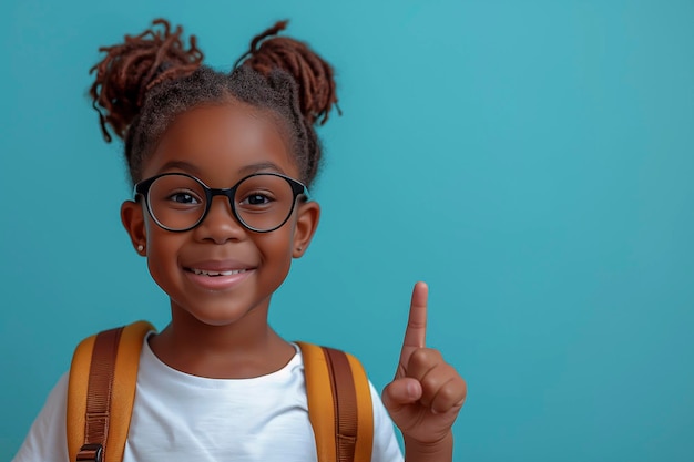 Photo une jeune fille avec des lunettes et un sac à dos faisant un signe de paix.