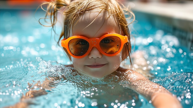 Photo une jeune fille avec des lunettes de soleil orange s'amusant dans une piscine par une journée ensoleillée