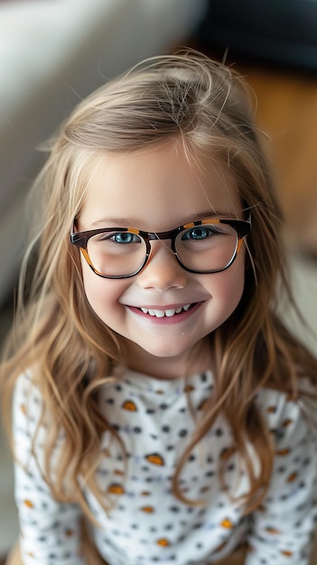 Une jeune fille avec des lunettes souriante.