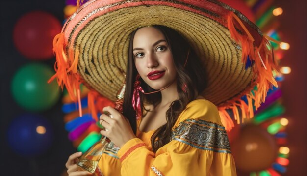 Photo une jeune fille magnifique en poncho et sombrero.