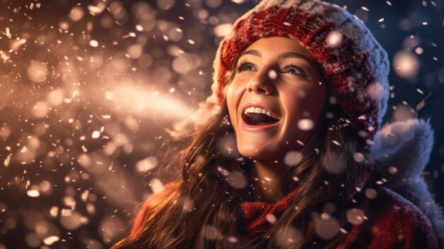 Une jeune fille marche dans la neige le soir du Nouvel An.