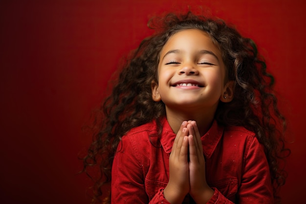 Jeune fille mignonne prie sur fond rouge