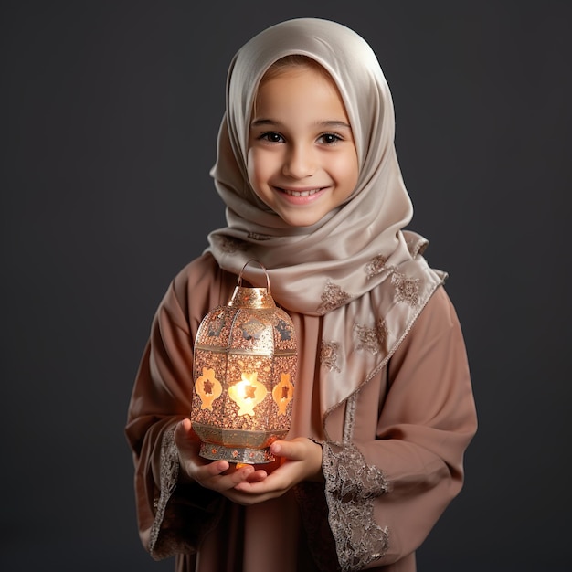 Jeune fille musulmane heureuse au Ramadan Jeune fille musulmane célébrant le Ramadan en jouant avec une lanterne du Ramadan