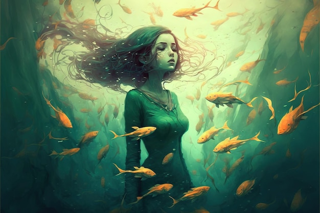 Jeune fille nageant Jeune femme plongeant avec un banc de poissons dans la mer Peinture d'illustration de style art numérique