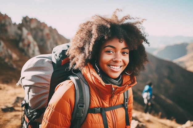 Une jeune fille noire marchant sur le sommet d'une montagne.