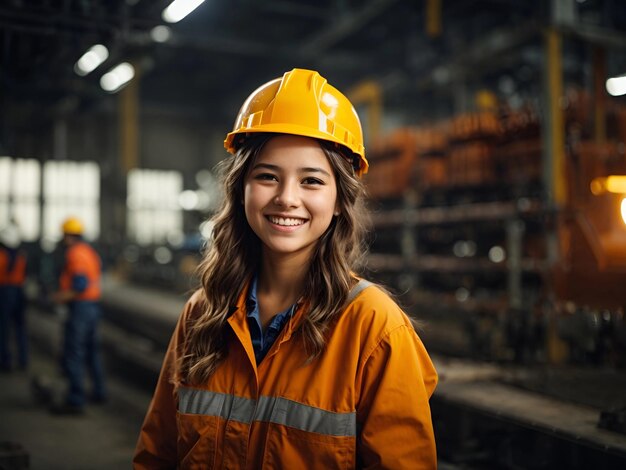 Jeune fille ouvrière avec casque de sécurité heureuse souriante travaillant dans une usine industrielle avec de l'acier