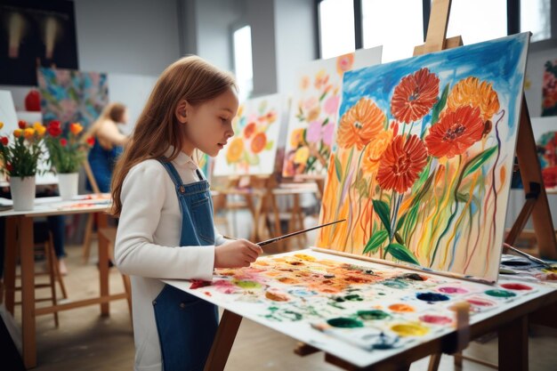 Une jeune fille peint des fleurs sur toile