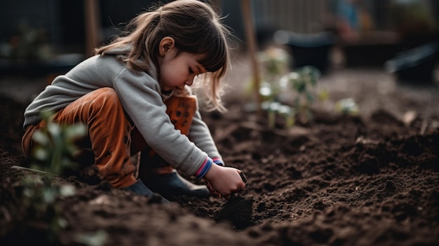 Une jeune fille plante dans un jardin.