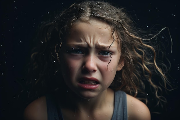 Une jeune fille pleure sous la pluie.