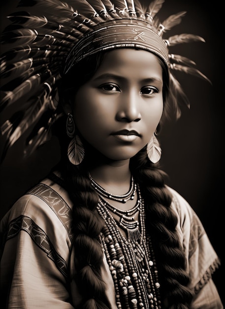 Une jeune fille avec des plumes sur la tête et une coiffe.