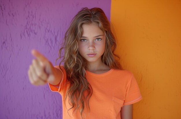 Photo une jeune fille pointant vers la caméra une jeune femme pointant towards la caméra