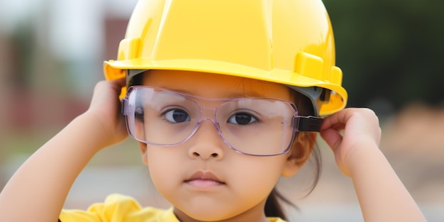 Une jeune fille portant un casque jaune et des lunettes.