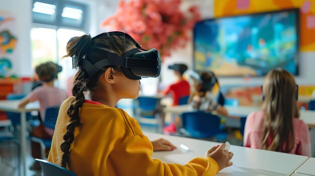 Photo une jeune fille portant un casque de réalité virtuelle est assise dans une salle de classe. la fille porte un sweat-shirt jaune et a les cheveux en queue de cheval.