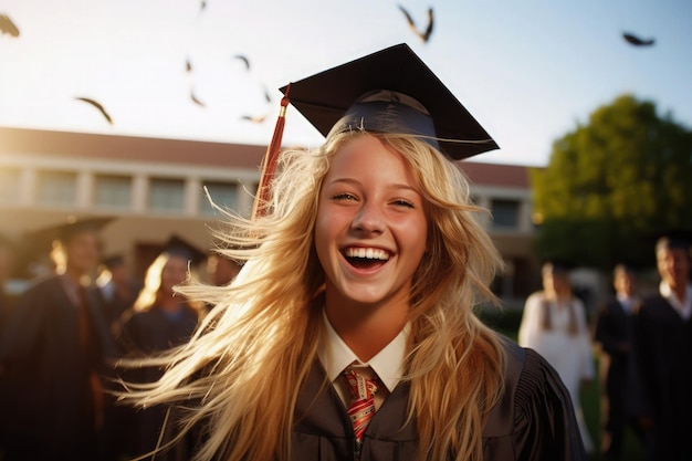 Photo une jeune fille portant une casquette et une robe de graduation