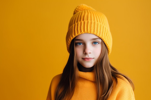 une jeune fille portant un chapeau jaune et un pull