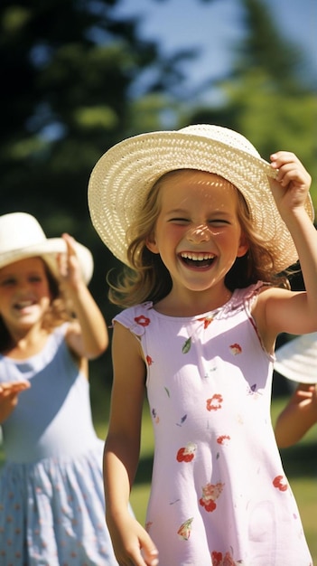 Photo une jeune fille portant un chapeau de paille avec une chemise blanche et une chemise rose avec une fleur rouge dessus