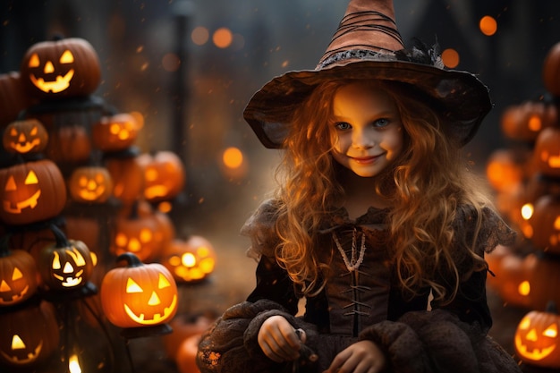 Une jeune fille portant un costume d'Halloween ramassant des bonbons dans la rue