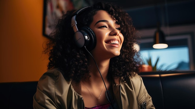Photo jeune fille portant des écouteurs appréciant la musique