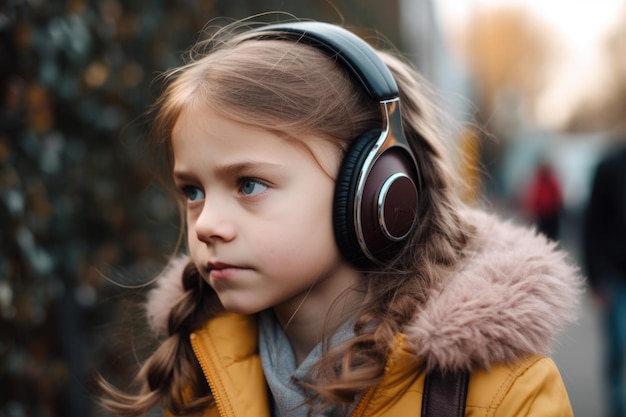 Une jeune fille portant des écouteurs et écoutant de la musique