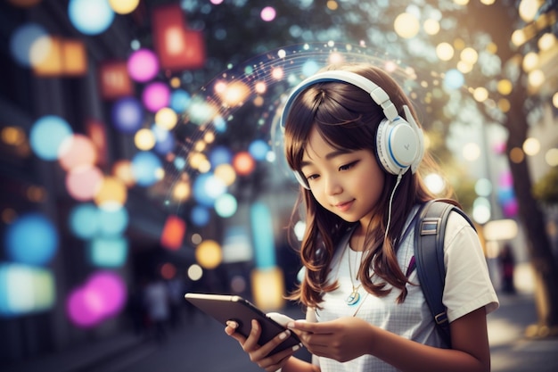 Une jeune fille portant des écouteurs tient attentivement une tablette absorbée par son contenu