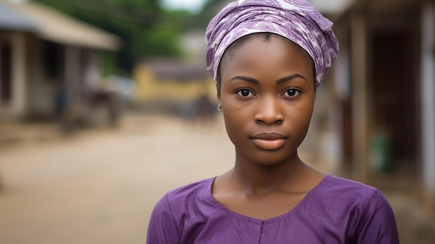 Une jeune fille portant un foulard violet avec une maison jaune en arrière-plan.