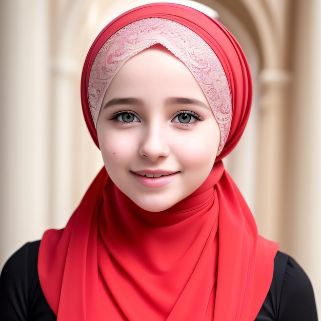 Une jeune fille portant un hijab et une écharpe rouge.