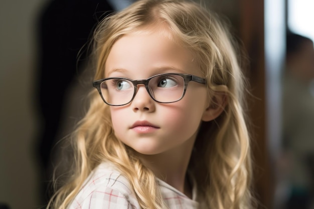 Une jeune fille portant des lunettes et regardant loin de la caméra créée avec une IA générative