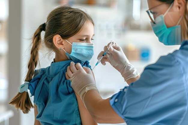 Photo une jeune fille portant un masque avec un masque facial et un médecin portant un mask