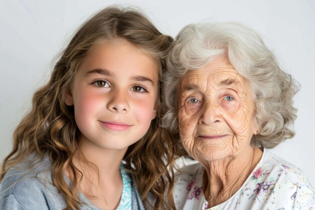 Photo une jeune fille posant à côté d'une vieille femme dans un studio.