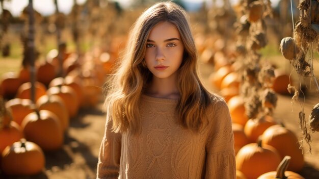 Une jeune fille posant dans un champ de citrouilles