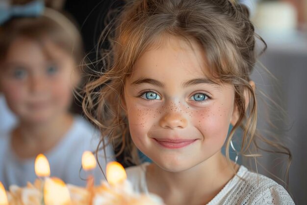 Une jeune fille près d'un gâteau d'anniversaire avec des bougies allumées