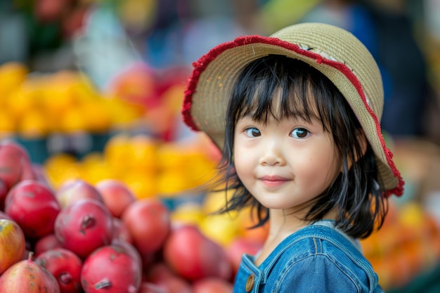 Une jeune fille près d'une pile de fruits