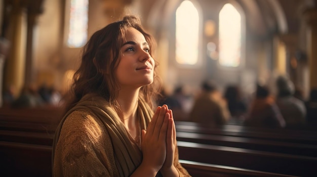 une jeune fille priant dans l'église