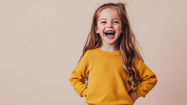 Une jeune fille en pull jaune avec une posture ludique et une expression joyeuse