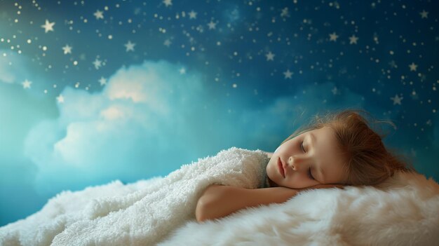 Une jeune fille qui dort sur un lit de nuages