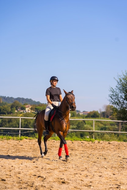 Jeune fille de race blanche à cheval sur un cheval avec un cheval brun, vêtue d'un cavalier noir avec un chapeau de sécurité