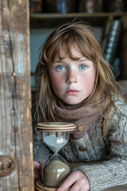 Une jeune fille réfléchie tenant un sablier qui regarde expressivement le concept de l'enfance et du temps
