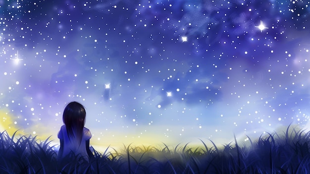 Une jeune fille regardant un ciel de crépuscule rêveur parsemé d'étoiles brillantes et de lumière