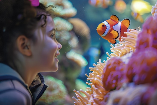 Une jeune fille regardant un poisson-clown dans un aquarium