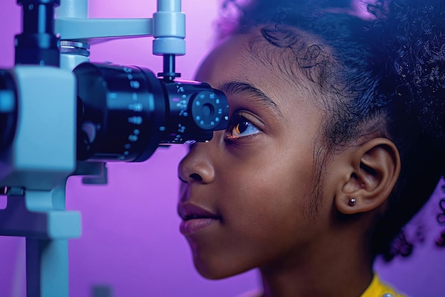 Une jeune fille regarde dans un instrument d'un oculiste.