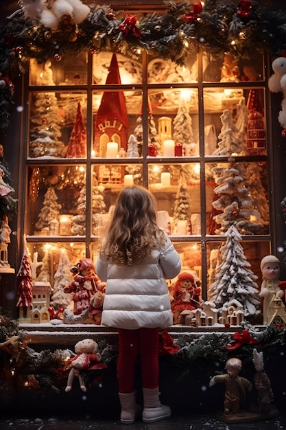 Une Fille Regarde Par La Fenêtre D'un Magasin De Jouets.