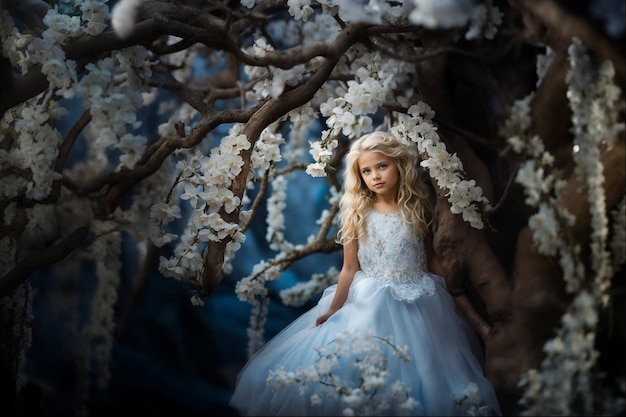 Une jeune fille en robe bleue parmi les fleurs blanches