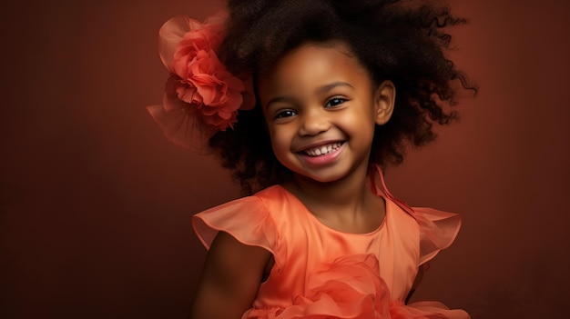 Une jeune fille en robe rouge avec une fleur dans les cheveux.