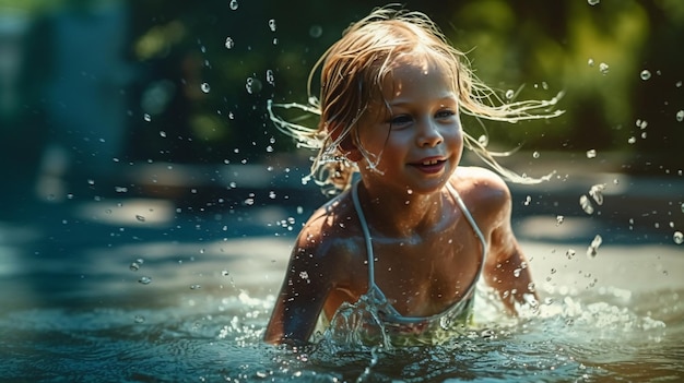 Une jeune fille s'éclabousse dans l'eau.