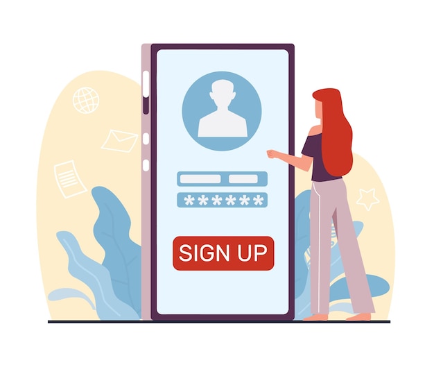 Jeune fille s'enregistrant sur Internet Fille avec un énorme nom d'utilisateur et mot de passe de smartphone Appli en ligne ou mobile Autorisation de compte privé Concept de vecteur isolé de style plat de dessin animé