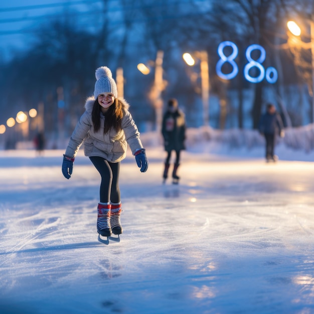 une jeune fille s'entraîne au patinage artistique à l'extérieur