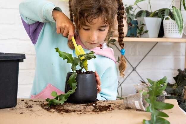 La jeune fille s'occupe avec joie des plantes d'intérieur les transplante dans un nouveau sol et un pot embrasse la succulente sansivieria epiphyllum Passe-temps pour un enfant aidant un adulte à la maison l'environnement