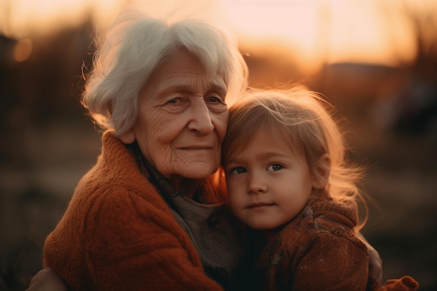 Une jeune fille et sa grand-mère se font un câlin