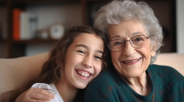 Une jeune fille et sa grand-mère sont assises ensemble et sourient.