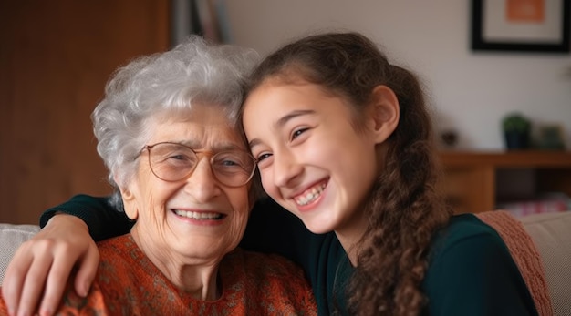 Une jeune fille et sa grand-mère sourient à la caméra.